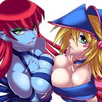  2girls bare_shoulders breasts dark_magician_girl duel_monster female harpie_lady harpy_lady hat looking_at_viewer magical_girl monster_girl multiple_girls red_hair smile wink yu-gi-oh! yuu-gi-ou_duel_monsters 