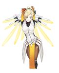  arms_behind_head arms_up artist_name blonde_hair blue_eyes bodysuit cowboy_shot ddhs eyes_visible_through_hair high_ponytail highres looking_at_viewer mechanical_halo mechanical_wings mercy_(overwatch) overwatch pantyhose parted_lips signature simple_background solo white_background wings yellow_wings 
