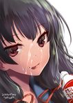  :p artist_name bangs black_hair blunt_bangs close-up commentary_request condensed_milk dated eyebrows eyebrows_visible_through_hair hair_ribbon highres isokaze_(kantai_collection) kantai_collection long_hair looking_at_viewer neckerchief portrait red_eyes red_ribbon ribbon sexually_suggestive signature simple_background solo tongue tongue_out tress_ribbon ugeppa white_background 