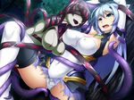  2girls arms_up blue_eyes blue_hair breasts censored covered_navel game_cg katsuragi_marina kouyoku_senki_exs-tia large_breasts leg_lift leg_up long_hair lusterise magical_girl monster_girl multiple_girls open_mouth panties restrained spread_legs sweat tentacle tongue torn_clothes white_panties 
