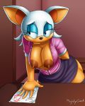  anthro big_breasts blue_eyes breasts brown_areola chiropteran clothing erect_nipples eyeshadow female fur hair half-closed_eyes hi_res leaning leaning_forward makeup mammal mightycock_(artist) nipples rouge_the_bat shirt signature skirt solo sonic_(series) white_fur white_hair wide_hips 