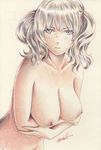  artist_name blue_eyes blush breast_hold breasts closed_mouth collarbone crossed_arms expressionless highres kantai_collection kashima_(kantai_collection) large_breasts leaning_forward looking_at_viewer nipples nude pink_lips short_hair short_twintails signature simple_background solo tesun_(g_noh) traditional_media twintails upper_body watercolor_pencil_(medium) wavy_hair yellow_background 