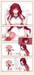  2girls blush breasts closed_mouth comic cup earmuffs eighth_note food food_in_mouth gradient_hair highres hijiri_byakuren jewelry large_breasts long_hair mouth_hold multicolored_hair multiple_girls musical_note necklace orange_hair red_eyes red_hair shan shirt sidelocks sleeveless smile toast toast_in_mouth touhou toyosatomimi_no_miko translated very_long_hair white_shirt 