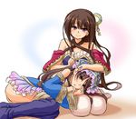  2girls aose_saratoga ass atelier_(series) atelier_meruru atelier_totori bare_shoulders blush boots brown_eyes brown_hair detached_sleeves ear_cleaning hat headdress lap_pillow long_hair mimi_houllier_von_schwarzlang mimikaki multiple_girls parted_lips ponytail shiny shiny_hair smile thigh_boots thighhighs totooria_helmold 