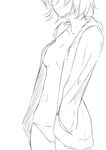  breasts closed_mouth collarbone greyscale hands_in_pockets head_out_of_frame highres hood hood_down hoodie medium_breasts monochrome navel niwatazumi no_bra no_shirt open_clothes open_hoodie original panties short_hair sketch smile solo underwear white_background 