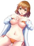  :o ass_visible_through_thighs bangs bare_shoulders bikini bikini_under_clothes blush breasts brown_eyes brown_hair collarbone collared_shirt covering covering_breasts dress_shirt dutch_angle eyebrows eyebrows_visible_through_hair hair_between_eyes hand_on_breast highres inanaki_shiki large_breasts long_sleeves looking_at_viewer navel off_shoulder open_clothes open_mouth open_shirt orange_bikini original shade shiny shiny_skin shirt short_hair side-tie_bikini simple_background solo stomach strap_slip string_bikini sweat swimsuit swimsuit_under_clothes underboob white_background white_shirt 