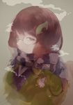  anabone brown_eyes brown_hair commentary_request covered_mouth futatsuiwa_mamizou futatsuiwa_mamizou_(human) glasses hair_ornament japanese_clothes leaf leaf_on_head long_hair looking_at_viewer scarf scarf_over_mouth solo touhou 