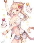  2016 :d animal_ears arm_up bangs bikini_top blonde_hair blue_flower blush bracelet breasts buttons cat_ears cat_girl cleavage collarbone cowboy_shot dancing dated eyebrows eyebrows_visible_through_hair facial_mark fang final_fantasy final_fantasy_xiv flower flying grey_shorts hair_flower hair_intakes hair_ornament highres jewelry long_hair looking_at_viewer medium_breasts miqo'te momoko_(momopoco) moogle navel open_clothes open_mouth open_shirt ponytail purple_eyes red_flower shiny shiny_skin shirt short_shorts shorts simple_background slit_pupils smile solo_focus stomach tail tareme teeth twitter_username white_background white_shirt yellow_flower 