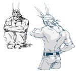  all_might bad_id bad_twitter_id blush boku_no_hero_academia denim hand_behind_head hand_on_hip jeans male_focus monochrome pants shaded_face shirt simple_background sitting sketch solo t-shirt white_background 