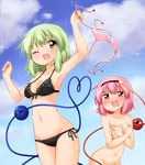  assisted_exposure bikini bikini_top bikini_top_removed black_bikini blue_sky blush clothes_theft cloud covering covering_breasts day embarrassed eyeball full-face_blush green_eyes green_hair hairband heart heart_of_string komeiji_koishi komeiji_satori looking_at_another looking_at_viewer multiple_girls navel nude one_eye_closed open_mouth out-of-frame_censoring pink_hair short_hair siblings sisters sky smile sparkle stomach string suwa_yasai sweatdrop swimsuit swimsuit_theft theft third_eye touhou 
