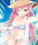  ;d agekichi_(heart_shape) ass_visible_through_thighs bangs bikini blue_eyes blue_sky blurry bow_bikini breasts cleavage cloud collarbone collared_shirt cowboy_shot day depth_of_field eyelashes frills groin hair_between_eyes hair_ornament hair_scrunchie hat hat_ribbon jewelry lens_flare long_hair looking_at_viewer low_twintails medium_breasts navel one_eye_closed open_mouth original palm_tree pink_hair plaid plant ribbon scrunchie see-through shade shirt shirt_lift sky sleeves_rolled_up smile solo sparkle stomach summer swimsuit thigh_gap tree twintails very_long_hair white_shirt 