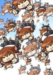  221_(tsutsuichi) bangs blue_sky brown_hair closed_eyes cloud commentary_request day falling fang hair_ornament hairclip ikazuchi_(kantai_collection) kantai_collection multiple_persona open_mouth outstretched_arms school_uniform serafuku short_hair sky thighhighs 