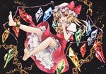  ascot barefoot black_background blonde_hair bloomers chain crystal flandre_scarlet full_body funnyfunny hat hat_ribbon looking_at_viewer marker_(medium) mob_cap open_mouth puffy_sleeves red_eyes ribbon shirt short_sleeves side_ponytail skirt skirt_set soles solo touhou traditional_media underwear vest wings 