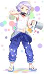  bad_id bad_pixiv_id highres idolmaster idolmaster_million_live! makabe_mizuki navel overalls paint paint_can purple_hair short_hair slippers solo takesyun tank_top yellow_eyes 