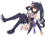  bare_shoulders black_hair breasts cleavage hair_ornament himajin_(starmine) long_hair looking_at_viewer neptune_(series) noire red_eyes ribbon small_breasts smile solo thighhighs twintails very_long_hair 