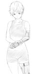  commentary crop_top greyscale hand_on_own_wrist highres looking_at_viewer midriff monochrome navel niwatazumi original prosthesis prosthetic_arm prosthetic_leg short_hair shorts sketch solo white_background 
