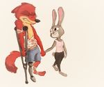  amputee anthro bandage barefoot blood canine clenched_teeth clothed clothing crutch dipstick_tail disney duo eyes_closed fox fully_clothed fur grey_fur hand_holding judy_hopps lagomorph long_ears mammal multicolored_tail nick_wilde orange_fur prosthetic prosthetic_limb purple_eyes rabbit short_tail simple_background sprinkah standing tan_fur teeth topless walking white_background wounded zootopia 