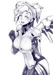  bodysuit breasts clenched_hands closed_eyes cowboy_shot gggg high_ponytail highres large_breasts long_hair mechanical_halo mechanical_wings mercy_(overwatch) monochrome open_mouth overwatch simple_background smile solo white_background wings 