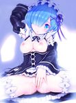  :o arm_up bangs black_dress black_ribbon blue_eyes blue_hair blunt_bangs blush breasts detached_sleeves dress frilled_sleeves frills hair_over_one_eye hairband long_sleeves looking_at_viewer maid medium_breasts nipples no_panties parted_lips pussy re:zero_kara_hajimeru_isekai_seikatsu rem_(re:zero) ribbon ribbon-trimmed_collar ribbon-trimmed_legwear ribbon-trimmed_sleeves ribbon_trim short_hair sitting solo spread_legs teruru thighhighs white_legwear wide_sleeves 