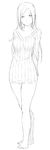  arms_behind_back bangs bare_legs barefoot breasts dress full_body greyscale highres large_breasts long_hair looking_at_viewer monochrome niwatazumi original sidelocks sketch smile solo standing sweater sweater_dress white_background 