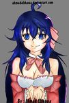  ahmad_alshawa ahoge anime_coloring artist_name black_hair blue_eyes bow breasts cleavage detached_collar deviantart_username eyebrows eyebrows_visible_through_hair frills grey_background highres large_breasts long_hair looking_at_viewer messy_hair netoge_no_yome_wa_onna_no_ko_janai_to_omotta? simple_background smile solo tamaki_ako 