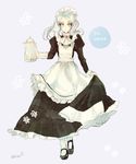  apron artist_name blue_eyes blue_hair fire_emblem fire_emblem_if flora_(fire_emblem_if) flower grey_background iriya_(lonesome) long_hair maid maid_apron maid_headdress simple_background solo teapot twintails 