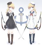  2girls akademie_der_meeresbrise anchor_symbol blonde_hair blue_eyes boots bow buttons crossed_swords dated dress full_body hat hat_bow heterochromia highres holding holding_sword holding_weapon knee_boots looking_at_viewer lost_tree makadamixa multiple_girls neckerchief original ponytail sailor_dress sailor_hat sheath short_sleeves siblings signature simple_background sisters standing sword symmetrical_pose twins unsheathed weapon yellow_eyes 