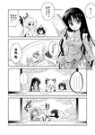  /\/\/\ 4koma aqua_(konosuba) balancing balancing_on_head book bow breasts check_translation comic flying_sweatdrops fujiwara_no_mokou greyscale hachi_(chihagura) hair_bow highres houraisan_kaguya inaba_tewi jitome kono_subarashii_sekai_ni_shukufuku_wo! long_hair medium_breasts monochrome object_on_head photo photo_(object) pointing spoken_ellipsis strangling suspenders touhou translation_request yearbook 