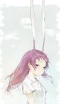  animal_ears bad_id bad_twitter_id bunny_ears closed_mouth collared_shirt expressionless extra_ears floating_hair grey_background half-closed_eyes highres long_hair purple_hair red_eyes reisen_udongein_inaba ryono_mizuki shirt short_sleeves simple_background solo touhou upper_body very_long_ears white_shirt wind wing_collar 