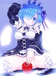  :o apple arm_up bangs black_dress black_ribbon blue_eyes blue_hair blunt_bangs blush breasts covering covering_crotch detached_sleeves dress food frilled_sleeves frills fruit hair_ornament hair_over_one_eye hairband long_sleeves looking_at_viewer maid medium_breasts nipples no_panties parted_lips pussy_juice re:zero_kara_hajimeru_isekai_seikatsu rem_(re:zero) ribbon ribbon-trimmed_collar ribbon-trimmed_legwear ribbon-trimmed_sleeves ribbon_trim short_hair sitting solo spread_legs teruru thighhighs white_legwear wide_sleeves x_hair_ornament 