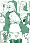  1girl :p air_conditioner bangs belly bikini bikini_bottom bikini_top blush bowing breasts cleavage comic commentary_request flashing green hair_over_one_eye highres hood hood_up hoodie hot indian_style large_breasts long_hair monochrome navel open_clothes open_hoodie open_mouth original plump sabo_rina shaded_face side-tie_bikini sitting steam striped striped_bikini sweat swimsuit thighhighs tongue tongue_out translated yano_toshinori 