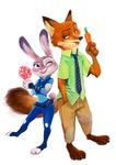  222sekai anthro barefoot canine carrot clothed clothing crossed_arms digital_media_(artwork) dipstick_tail disney duo female food fox fully_clothed fur green_eyes grey_fur hand_in_pocket judy_hopps lagomorph long_ears male mammal multicolored_tail necktie nick_wilde one_eye_closed open_mouth orange_fur pawpsicle police police_uniform purple_eyes rabbit simple_background smile standing teeth tongue tongue_out uniform vegetable white_background zootopia 