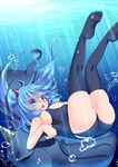  air_bubble ass backpack bag blue blue_eyes blue_hair breasts bubble floating_hair hair_bobbles hair_ornament highres kawashiro_nitori large_breasts moura_(kenyuugetu) open_mouth sideboob smile solo sunlight swimsuit thighhighs touhou two_side_up underwater 