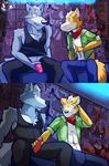  2016 anthro bandanna blush canine clothing date duo fox fox_mccloud fur green_eyes grey_fur hand_behind_back handjob humanoid_penis male male/male mammal nintendo orange_fur penis penis_through_fly poking_out red_eyes shirt sitting smile star_fox story story_in_description tank_top uncut ventkazemaru video_games wolf wolf_o&#039;donnell 