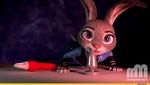  3d_(artwork) abstract_background all_fours anthro buttplug clothed clothing digital_media_(artwork) dildo disney female fur grey_fur judy_hopps lagomorph licking long_ears looking_at_viewer mammal megamaxi open_mouth police police_uniform purple_eyes rabbit sex_toy small_tail solo tongue tongue_out uniform watermark zootopia 