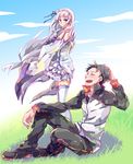  1girl black_hair blue_sky blush closed_eyes cloud day detached_sleeves dress emilia_(re:zero) grass hair_tie hairband hand_behind_head ishiwari jacket laughing natsuki_subaru open_mouth outdoors purple_eyes re:zero_kara_hajimeru_isekai_seikatsu shoes silver_hair sitting sky smile sneakers thighhighs track_jacket white_dress white_legwear wide_sleeves 