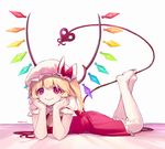  ainy77 ascot bad_id bad_pixiv_id blonde_hair crystal flandre_scarlet full_body hands_on_own_face hat hat_ribbon laevatein laevatein_(tail) looking_at_viewer lying mob_cap on_stomach pantyhose puffy_sleeves red_eyes ribbon shirt short_hair short_sleeves side_ponytail simple_background skirt skirt_set smile solo tail touhou vest white_background white_legwear wings 