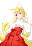  animal_ears blonde_hair commentary_request double_v eyebrows eyebrows_visible_through_hair fox_ears fox_tail grin hakama head_tilt highres japanese_clothes long_hair looking_at_viewer miko multiple_tails niwatazumi original red_eyes red_hakama simple_background sketch smile solo tail v white_background wide_sleeves 