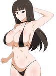  arm_behind_head armpits bags_under_eyes bikini black_eyes black_hair breasts choker girls_und_panzer highres huge_breasts kagemusha long_hair mature micro_bikini nishizumi_shiho sideboob solo standing swimsuit wide_hips 