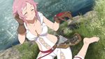  :_code_register absurdres barefoot breasts brown_gloves cleavage closed_eyes collarbone game_cg gloves grass hair_ornament hand_in_hair highres large_breasts lisbeth navel official_art outdoors pink_hair short_hair sitting smile solo sword_art_online sword_art_online:_hollow_realization wariza water wet 