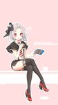  =3 black_legwear capelet character_name grey_hair headgear highres holding looking_at_viewer necktie open_mouth red_eyes sasya shoes sitting solo striped striped_neckwear thighhighs vittorio_veneto_(zhan_jian_shao_nyu) zhan_jian_shao_nyu 