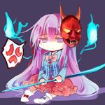  anger_vein chibi hata_no_kokoro hitodama jitome kutsuki_kai long_hair naginata pink_eyes pink_hair polearm purple_background solo spoken_anger_vein touhou very_long_hair weapon 