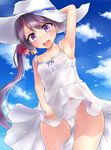  :d akebono_(kantai_collection) arm_up armpits asymmetrical_hair bare_shoulders bell blue_sky blush cloud contrapposto day dress flower groin hair_bell hair_flower hair_ornament hand_on_headwear hat highres jingle_bell kantai_collection looking_at_viewer neit_ni_sei open_mouth panties pantyshot pantyshot_(standing) purple_eyes purple_hair red_flower side_ponytail sky sleeveless sleeveless_dress smile solo standing sun_hat sundress underwear white_dress white_hat white_panties wind wind_lift 