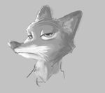  anthro black_and_white canine disney fox frown grey_background half-closed_eyes inner_ear_fluff looking_at_viewer mammal monochrome nick_wilde portrait simple_background solo sprinkah zootopia 