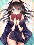  bare_shoulders black_hair blue_eyes blue_shirt blush book breasts closed_mouth covering cowboy_shot flower hairband holding holding_book idolmaster idolmaster_cinderella_girls large_breasts long_hair long_sleeves looking_at_viewer lying mintsu_(ichi--kun) nude_cover on_back open_book open_clothes open_shirt sagisawa_fumika shirt smile solo striped thigh_gap thighs vertical_stripes 