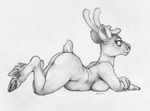  2016 anthro antlers breast_squish breasts butt cervine ecmajor english_text female fur hooves horn looking_at_viewer lying mammal monochrome nude on_front reindeer side_boob signature simple_background sketch smile solo text traditional_media_(artwork) white_background 