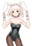  animal_ears bad_id bad_pixiv_id bangs bare_shoulders black_leotard blush bob_cut breasts brown_legwear bunny_ears bunnysuit cleavage collarbone contrapposto copyright_request cowboy_shot eyebrows eyebrows_visible_through_hair fake_animal_ears fishnet_pantyhose fishnets hairband hands_up heart holding_ears leotard looking_at_viewer medium_breasts nagu pantyhose parted_lips red_eyes short_hair signature simple_background solo sparkle standing strapless strapless_leotard white_background white_hair wrist_cuffs 