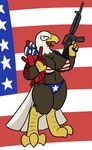  2016 anthro avian bird breasts brown_feathers eagle feathers female fireworks flag_bikini gun machine_gun ranged_weapon solo star stars_and_stripes trout_(artist) united_states_of_america weapon white_feathers 