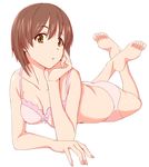  arm_support bangs barefoot bow bow_bra bra breasts brown_eyes brown_hair cleavage egooo feet feet_up full_body girls_und_panzer hand_on_own_cheek looking_at_viewer lying medium_breasts nishizumi_miho on_stomach panties pink_bra pink_panties plantar_flexion short_hair soles solo the_pose toes underwear underwear_only white_background 