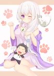  :3 :d animal black_hair blue_eyes blush blush_stickers breasts cat character_doll closed_mouth dress emilia_(re:zero) hair_over_shoulder heart heart_in_mouth highres holding ikarosu jacket long_hair long_sleeves low-tied_long_hair medium_breasts natsuki_subaru o_o open_mouth paw_pose paw_print pointy_ears puck_(re:zero) purple_dress purple_eyes re:zero_kara_hajimeru_isekai_seikatsu short_hair sign silver_hair sitting sleeveless sleeveless_dress smile spaghetti_strap v-shaped_eyebrows white_background 